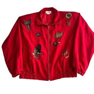 Vintage 90s Jacket by Design Rodeo Western Red Appliquéd Horses Shoulder Pads